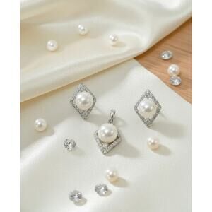 Golden Time Rhodium Plated White Pearl Jewelry Set: Pendant & Stud Earrings